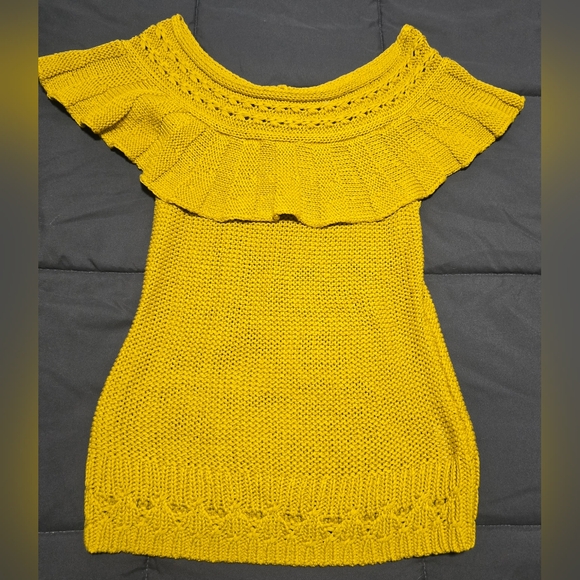 Anthropologie Off The Shoulder Ruffled Knit Sweater Top In Mustard Yellow Small - Picture 1 of 3